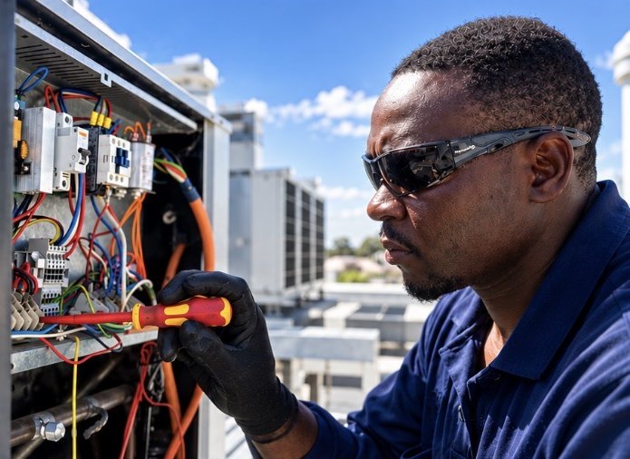 Sam Matikiti, owner of RefCon Projects, working on an air conditioning electrical panel